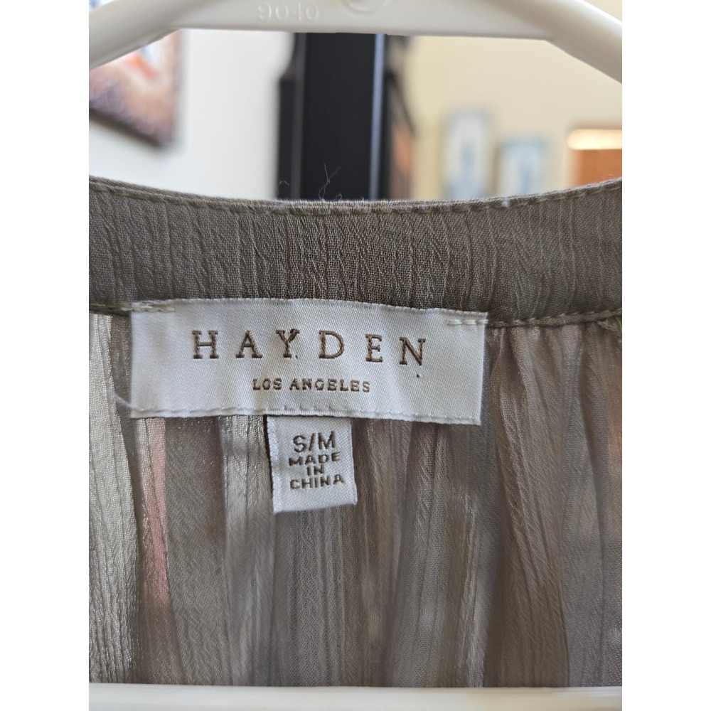 Hayden Los Angeles Taupe Embroidered Boho Tie Neck Oversized Flowy Blouse S/M - Picture 4 of 7
